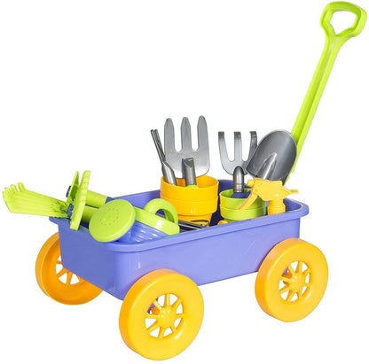 deAO Kids Garden Wagon Wheelbarrow and Gardening Tools Play Set Includes 10 Accessories and 4 Plant Pots,Great Outdoor Toddler Toys Kids Gardening Set