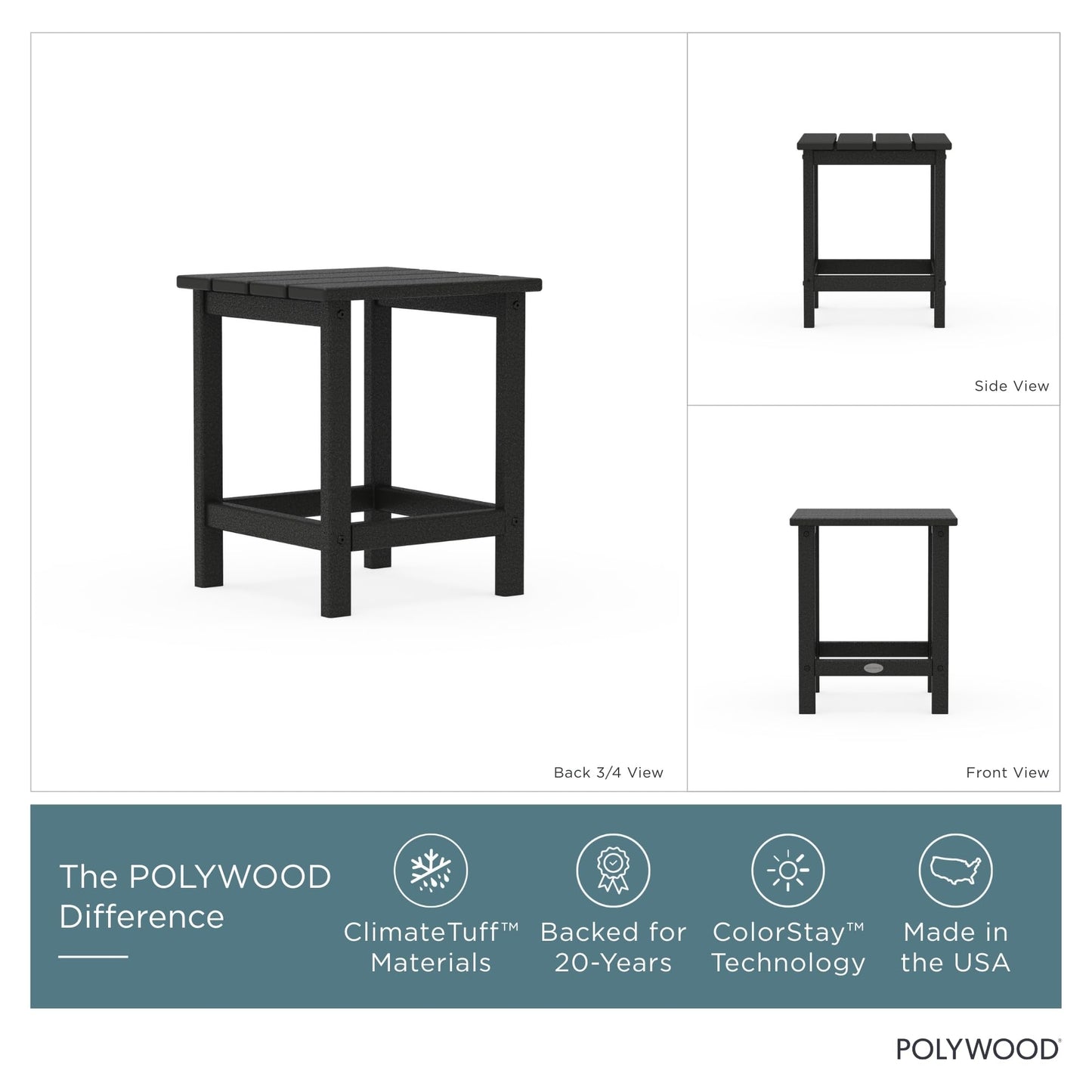 POLYWOOD Long Island 18" Side Table, Black
