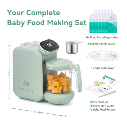 Chefhandy Baby Food Maker with Stainless Steel Steam Basket | 5-in-1 Baby Food Processor, Steamer & Blender for Homemade Baby Food, BPA-Free, 6 Reusable Pouches, Ideal for Newborns & Infants, Green