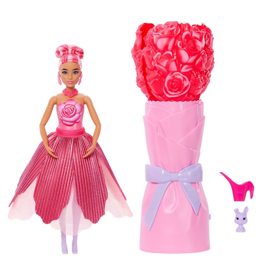 Barbie Petal Pop Scented Doll with Rose Dress & Accessories, Bouquet Reveal with Pet Bunny & Surprises Like Watering Can, Necklace & Earrings