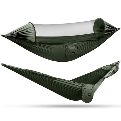 G4Free Large Camping Hammock with Mosquito Net 2 Person Pop-up Parachute Lightweight Hanging Hammocks Tree Straps Swing Bed for Outdoor Backpacking Backyard Hiking (New Army Green)