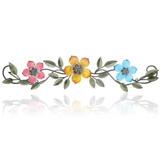 Wesiti Metal Flower Wall Decor Vintage Spring Metal Flower Wrought Iron Scroll Sculpture 15.7''x3.7'' Farmhouse Leaves Wall Decor with Nails for Spring Living Room Bedroom Indoor Outdoor(Bright Color)