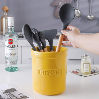 KOOV Cooking Utensil Holder, Large Ceramic Utensil Crock, Deep and Stable, Utensil Caddy for Countertop Letter Series (Yellow)
