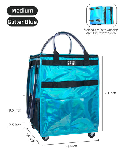 Reusable Grocery Bag On Wheels, Shopping Trolley, Rolling Tote with 8 Pockets and Zipper Cover, Foldable, Heavy Duty Handles, Carries Up to 46 LBS (Medium, Glitter Blue)