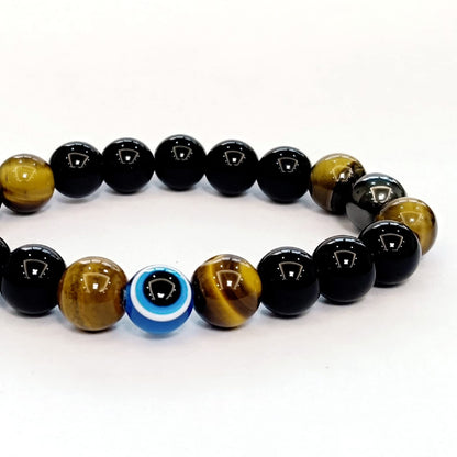WEFRIN Evil Eye with Hematite Black Obsidian Tiger Eye Stone Triple Protection Bracelets for Men Women, Crystal Stone Bracelet Bring Luck Prosperity and Happiness Jewelry