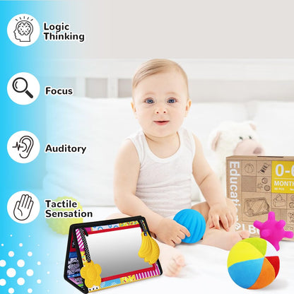 Montessori Toys for Babies 0-6 Months,7 in 1 Newborn Toys Baby Gifts Set Early Learning Toys with Black & White Baby Flashcards,Tummy Time Mirror,Baby Rattle,Sensory Balls,Tissue Box,Rain Stick