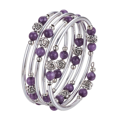 BULINLIN Wrap Bangle Rose Bead Bracelet - Beaded Bracelet with Natural Agate Stone Gifts For Women(01-Purple stone)