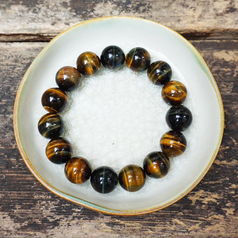 TaHLga 14MM Yellow Blue Tigers Eye Mens Beaded Bracelet | Natural Solar Plexus Chakra Gemstones | Bring Luck Wealth Courage | Protection from Evil | Gift