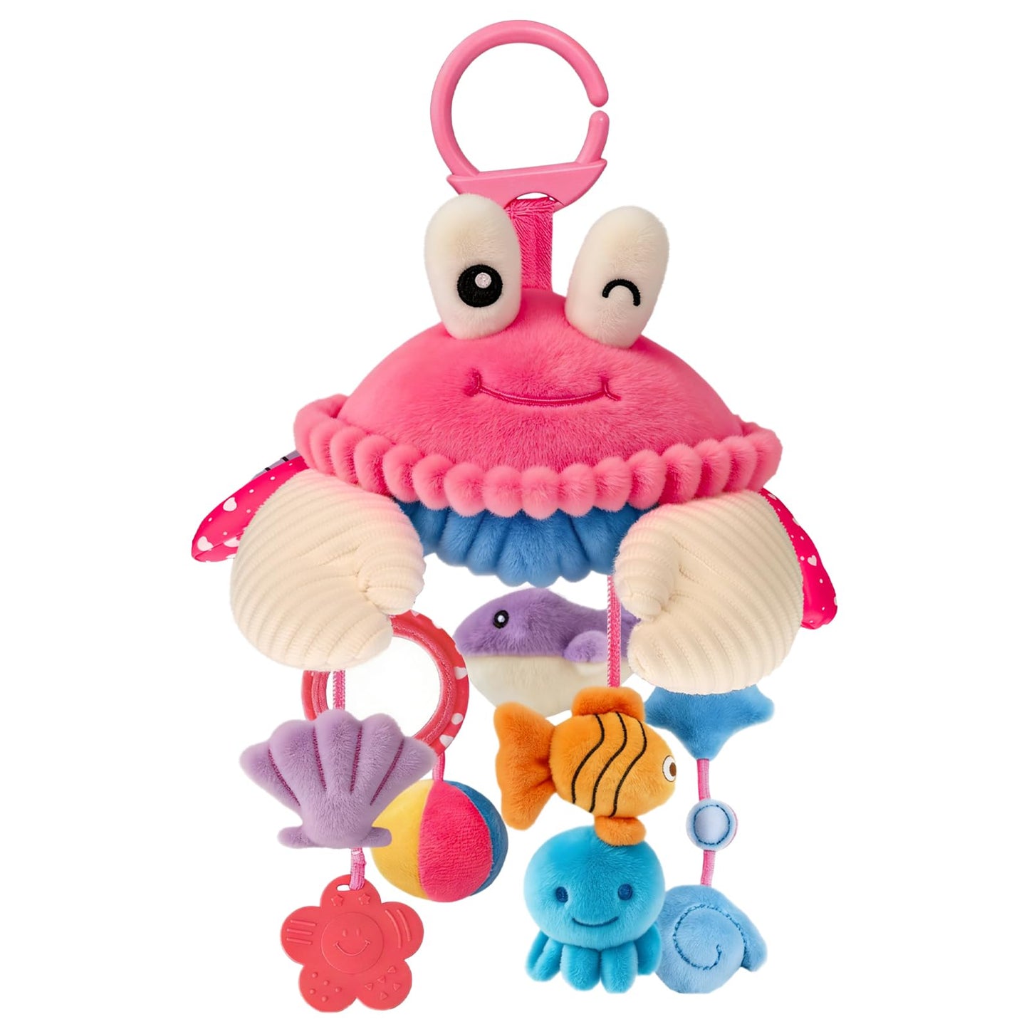 Car Seat Toys for Babies 0-6 Months, Hanging Sensory Crab Plush Toy for Stroller, Crib & Play Gym, Montessori Infant Activity Toy with Mirror, Rattle & Teether, Newborn Baby Gifts 0-12 Months (Pink)