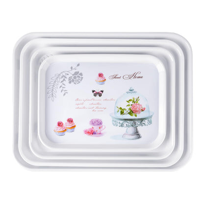 4-Pack Melamine Serving Tray Set - Rectangle Stackable Food Breakfast Fruit Platter with Floral Print for Gift Party Decor Home Restaurant (Cake)