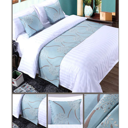 Twelve 3pcs Bed Runner Set - 1 Scarf and 2 Pillowcases, Rippling Teal Bedding Scarves for Guesthouse, Hotel, Home Decor (50x260cm)