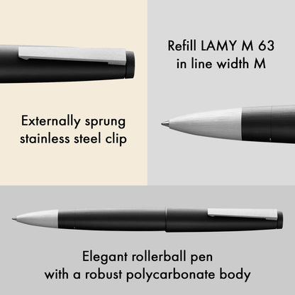 Lamy 2000 black - elegant rollerball pen in robust fibreglass barrel - perfectly balanced & in line width M M 63 rollerball refill in black