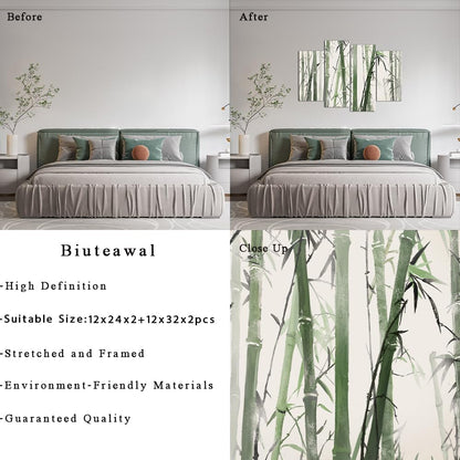 Biuteawal 4 Panels Bamboo Canvas Wall Art Chinese Painting of Bamboo Forest Nature Picture Print Green Zen Artwork for Meditation Spa Yoga Room Bedroom Decor Ready to Hang