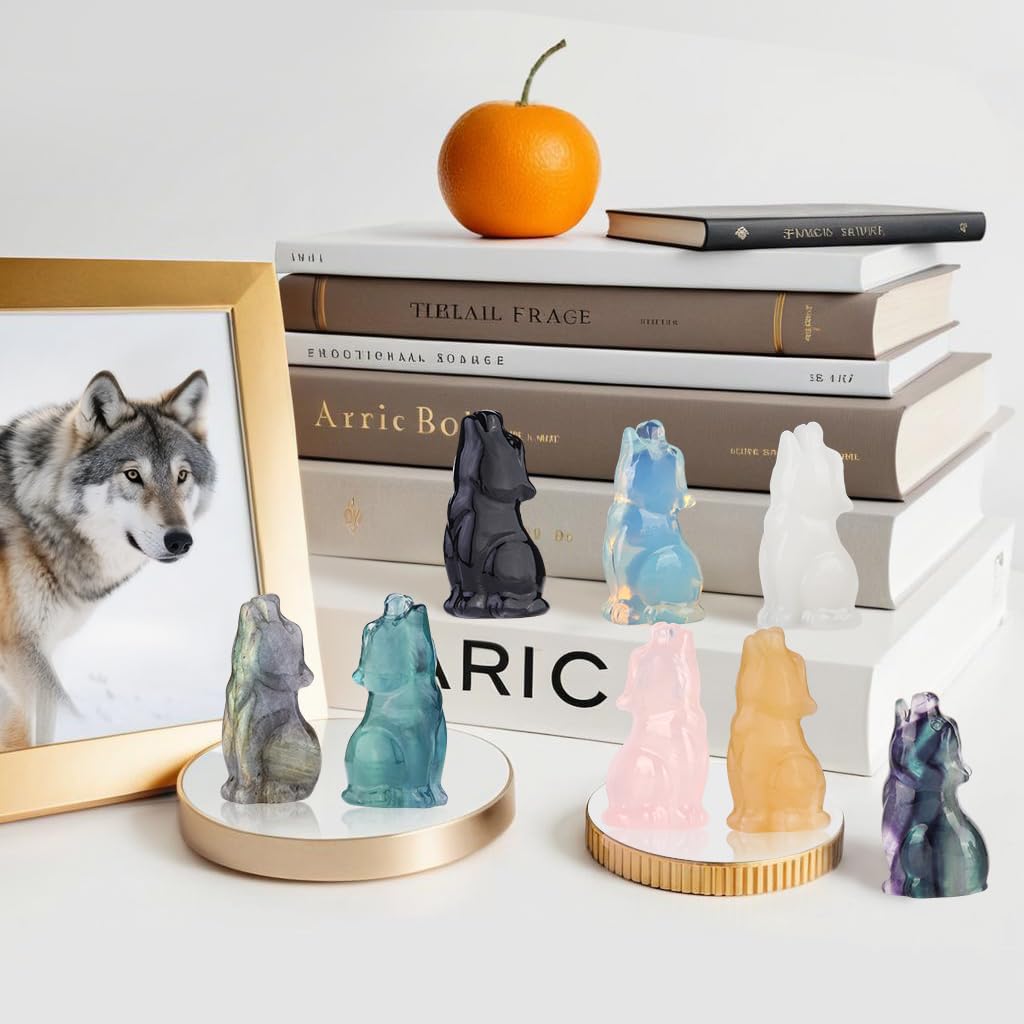 QLRSUXN Rose Quartz Howling Wolf Crystal Figurines, 2.2 Inch Wolf Totem Spirit Animal Statue Decor for Home Office Desk Altar, Hand Carved Natural Healing Crystal Sculpture Gifts for Women Men