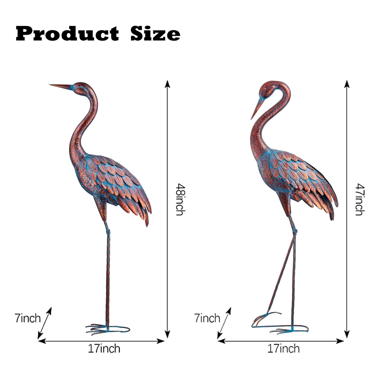 Kircust Garden Crane Statues Patina Heron Decoy, Standing Metal Crane Sculptures Bird Yard Art for Outdoor Decor, 47-48 Inch, Set of 2