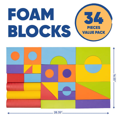 Set of 34 Large Foam Blocks for Toddlers - Stacking Soft Blocks for Kids with Shapes & Colors Learning - Construction Building Preschool Toys - Soft Toy for Daycare Toddlers 3-5 & Above