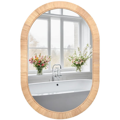 FUIN Handcrafted Rattan Oval Wall Mirror 20x30 – Natural Woven Wicker Frame for Boho Living Room & Entryway – High-Definition Shatter-Resistant Mirror – Vertical or Horizontal Biophilic Home Decor