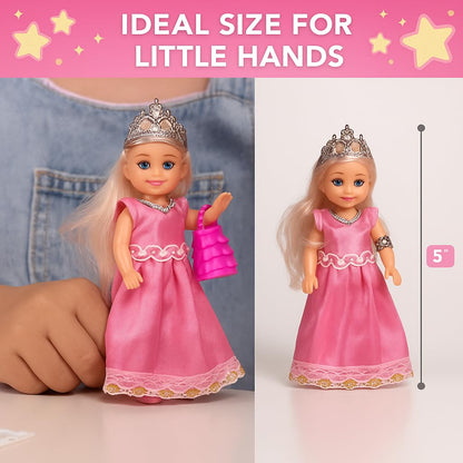 TOMLEON Princess Dolls Playset – 6 Mini Princess Dolls with Colorful Gowns, Crowns & Jewelry – Fantasy Role Play Set for Kids with Elegant Dresses, Accessories & Royal-Themed Box – Gift for Ages 3+