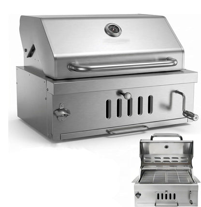 Large Charcoal BBQ Grills, Built in Barbecue Grill with Liftable Tray, Insulated Hood & Temp Gauge, Silver Stainless Steel BBQ Barrel Grill for Outdoor Kitchen Cooking Family Parties Patio Park Style