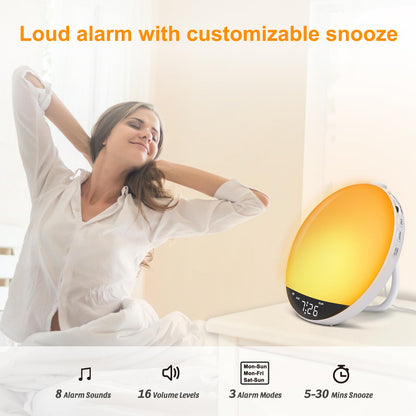 DreamSky Sunrise Alarm Clock Radio for Bedroom - Wake up Light Alarm Clock for Kids Heavy Sleepers Adults, Digital FM Radio with Bluetooth Speaker, Volume Control, Dimmable RGB Night Light, Timer