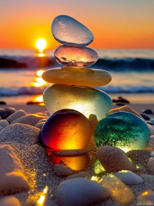 UPABLUNSO Sunset Beach Diamond Painting Colored Stones Diamond Art Kits, Full Circle Gemstone Fine Rhinestone Art Kit for Beginners, for Room Decor 12x16inch