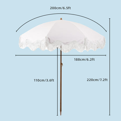Rayjee 6.5FT Patio Umbrella with Fringe, UV Protection Beach Umbrella with Tilt & Adjustable Height, Includes Carry Bag & Ground Stake, Outdoor Umbrella for Pool, Garden, Backyard -Beige