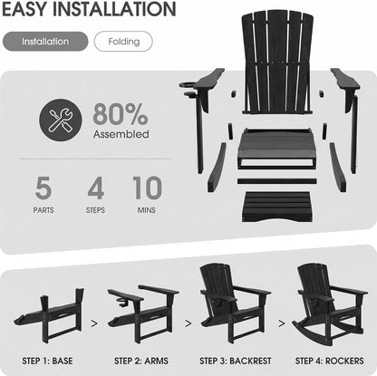 Polyhouz Adirondack Rocking Chair with Retractable Ottoman,Outdoor Folding Adirondack Chair with Cup Holder,HDPE All-Weather Patio Lounge Chair for Porch,Lawn, Poolside, Black