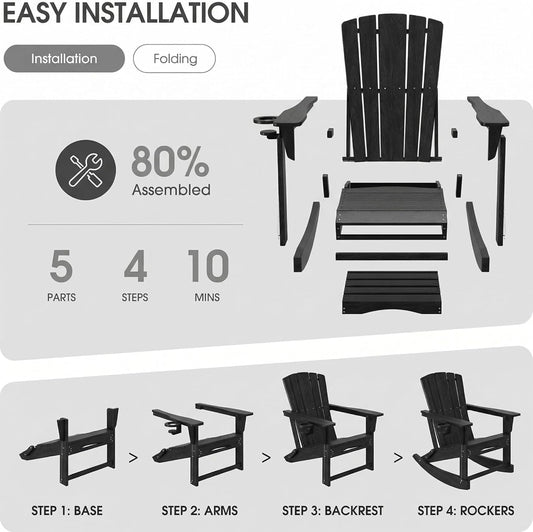 Polyhouz Adirondack Rocking Chair with Retractable Ottoman,Outdoor Folding Adirondack Chair with Cup Holder,HDPE All-Weather Patio Lounge Chair for Porch,Lawn, Poolside, Black