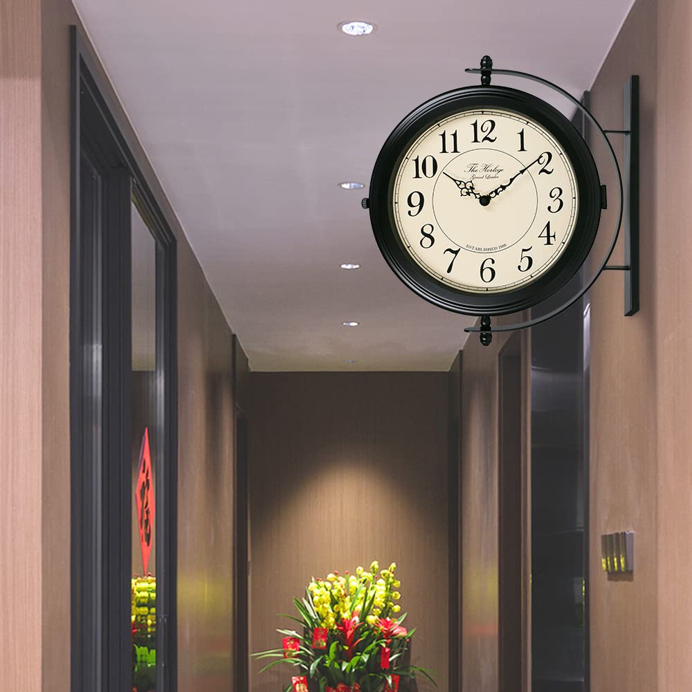 BESTIME 66264B 16-Inch Double Sided Metal Wall Clock with Black Frame.Sturdy Frame,Easy Read,Garden,Home Décor,Indoor,Outdoor,Farmhouse,Yard,Station,Office,Photography Props.