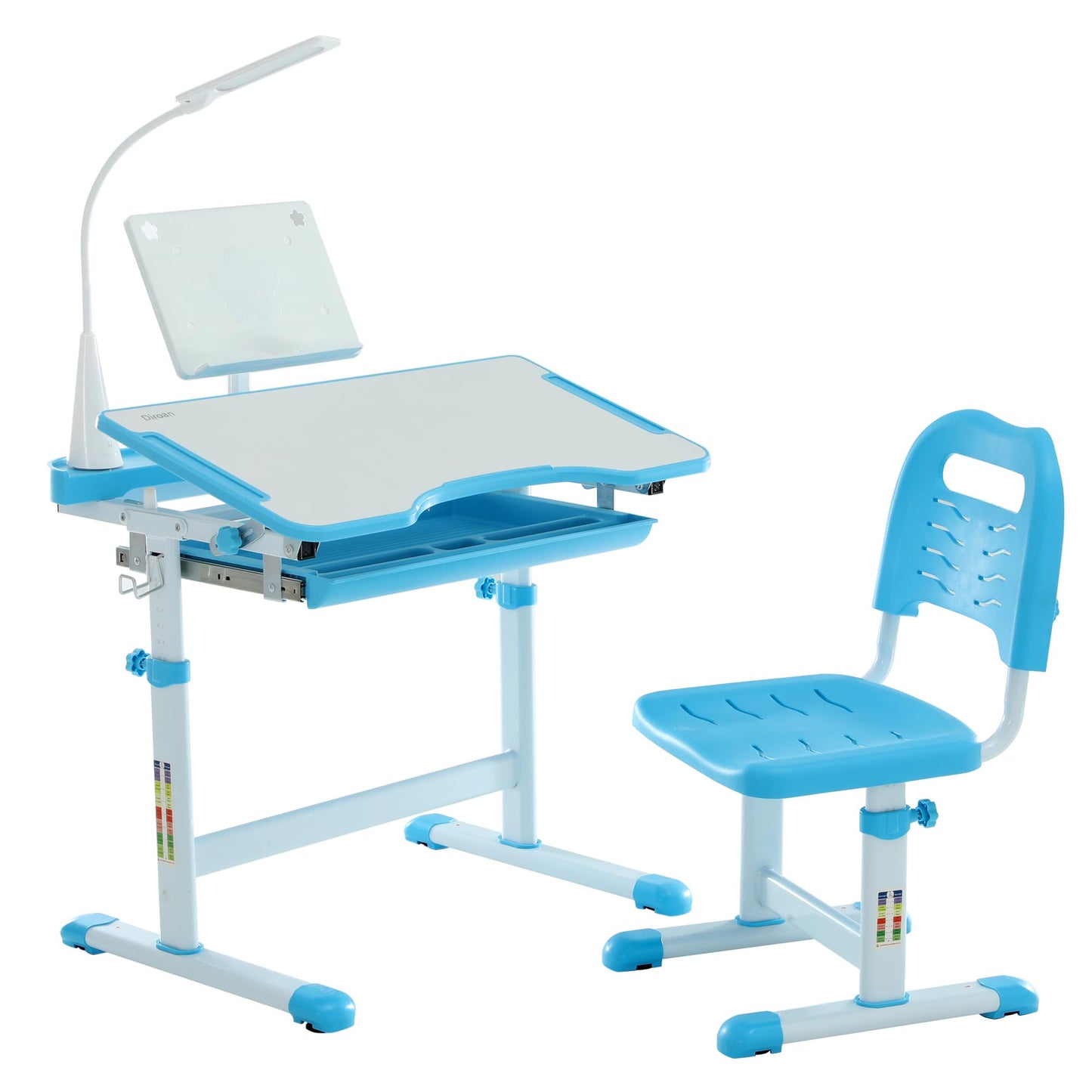 Diroan Kids Functional Desk and Chair Set, Ergonomic Height Adjustable Children School Study Desk with Tilt Desktop, Book Stand, LED Light, Metal Hook and Storage Drawer for Boys Girls(Blue)