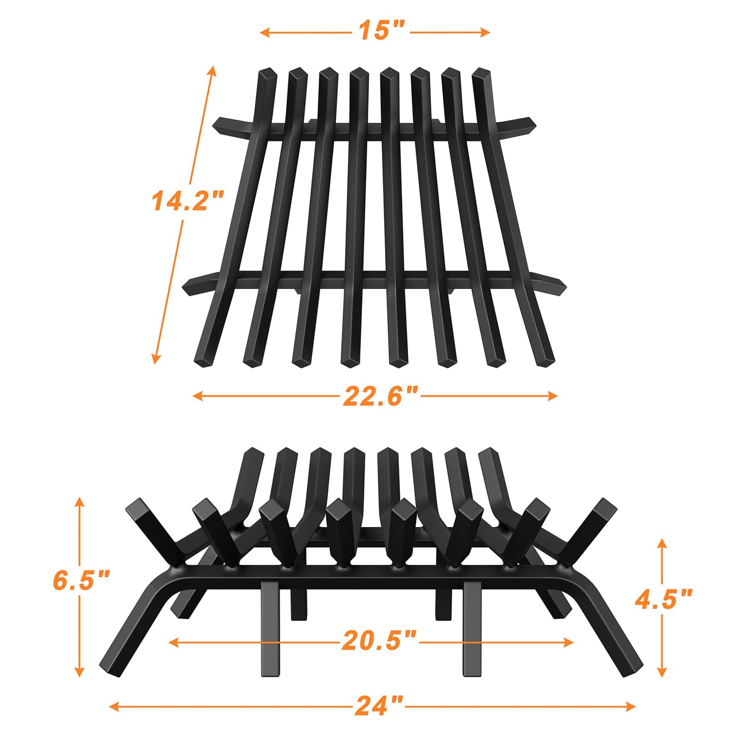 Jusgym Fireplace Grate 24 Inch with 8 Support Legs, Solid Steel Heavy Duty Fireplace Log Holder with Fire Log Tongs & Fire Poker, Fireplace Log Grate for Indoor Fireplace and Outdoor In-ground Firepit