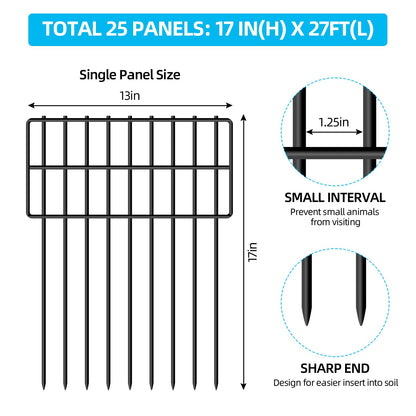 25 Panels Garden Fencing Animal Barrier, 17in (H) X 27ft (L) Dog Dig Fence Barrier, 1.25in Gap Rustproof Metal Stakes Decorative Garden Fence, Ground Defense Border Fence for Outdoor, Yard, Patio