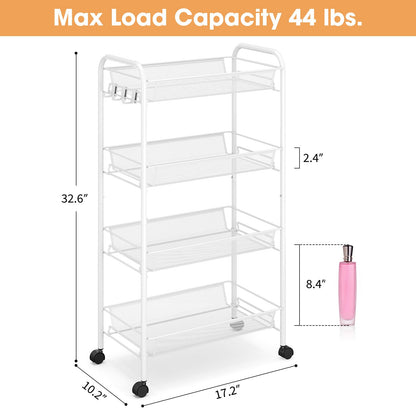 TOOLF 4-Tier Rolling Cart, Metal Utility Cart with 3 Hooks, Easy Assemble Mobile Storage Trolley On Wheels, Metal Shelving Units Kitchen Bathroom Laundry Room