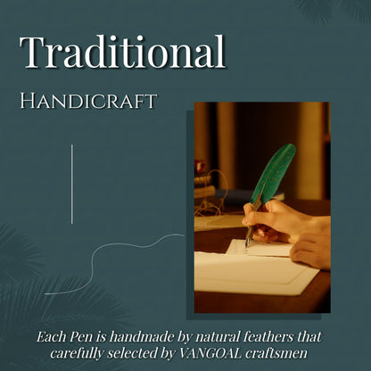VANGOAL Vintage Green Feather Pen and Ink Set, Classic Series Goose Quill Pen with Carving Pen Stand, Calligraphy Pen Nibs, Black Dip Pen Ink, Antique Writing Gift for Writer