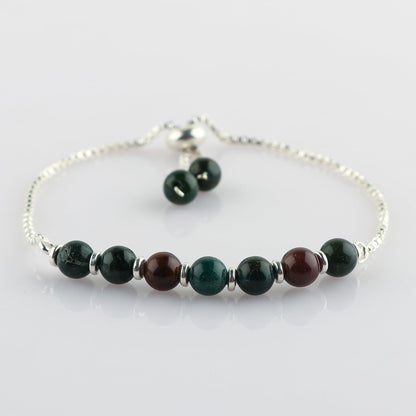 TGH Handmade Natural Bloodstone Gemstone Round Beads Bolo Bracelet – Chakra Healing Crystals – Silver Plated Adjustable Slider – Gift for Women Birthday Christmas Gifts