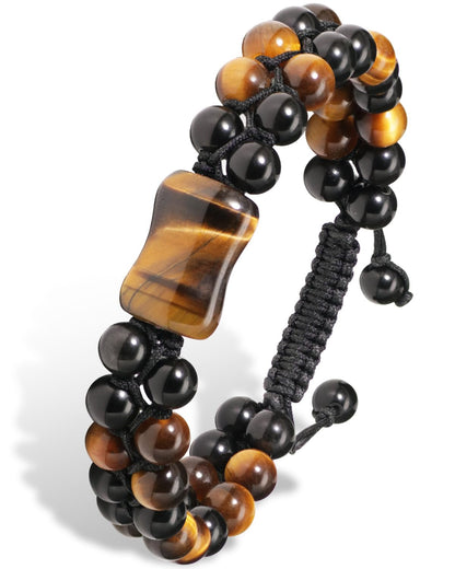 GALKCRST Tiger Eye Black Obsidian Bracelet for Men, Double Layer Natural Stone Beads Bracelet with Bone-Shaped Tiger Eye Focal Bead, Adjustable Braided Cord Triple Healing Crystal Bracelet, Men's Jewelry Gift