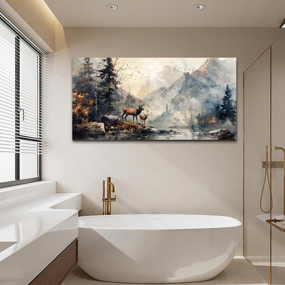 FUHAIHUA Canvas Wall Art For Living Room Framed Wall Decor For Bedroom Office Mountain Forest Landscape Ink Paintings Deer Pictures Artwork Modern Aesthetic Home Decor 20x40 In