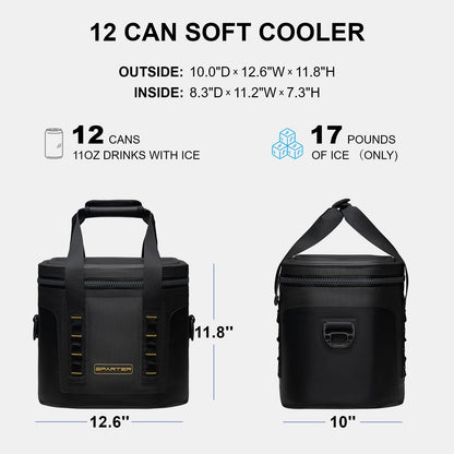 SPARTER Portable Soft Cooler 12 Cans, IP68 Tizip Leak-Proof Zipper for Camping, Fishing, Beach, Outdoors Insulated Ice Chest with Reusable Ice Pack- Black