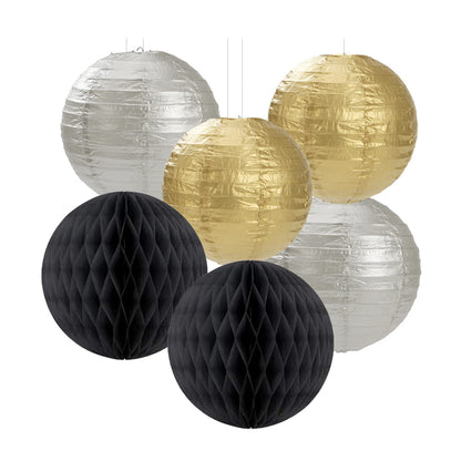 Black Gold Silver Party-Decorations Streamers-Lanterns - 14pcs Graduation 2026 Paper Fan,Tissue Flower Pom Poms Streamers,Honeycomb Balls,Men Birthday Wedding Baby Bridal Shower Decor Ouruola