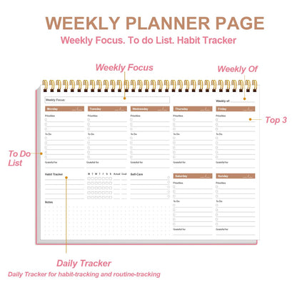 Weekly Productivity Planner - 8" x 11" Dashboard Desk Pad/Planner, Habit Tracker, Spiral Undated Weekly Planner for Office/School/Home, 54 Weeks, Pink