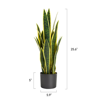 KOL 2ft Artificial Snake Plant, 32 Lifelike Faux PVC Leaves, Indoor Home Garden Decor, Fake Sansevieria Potted Plants, Mother-in-Law Tongue, 25.6in Floor Greenery in Black Pot