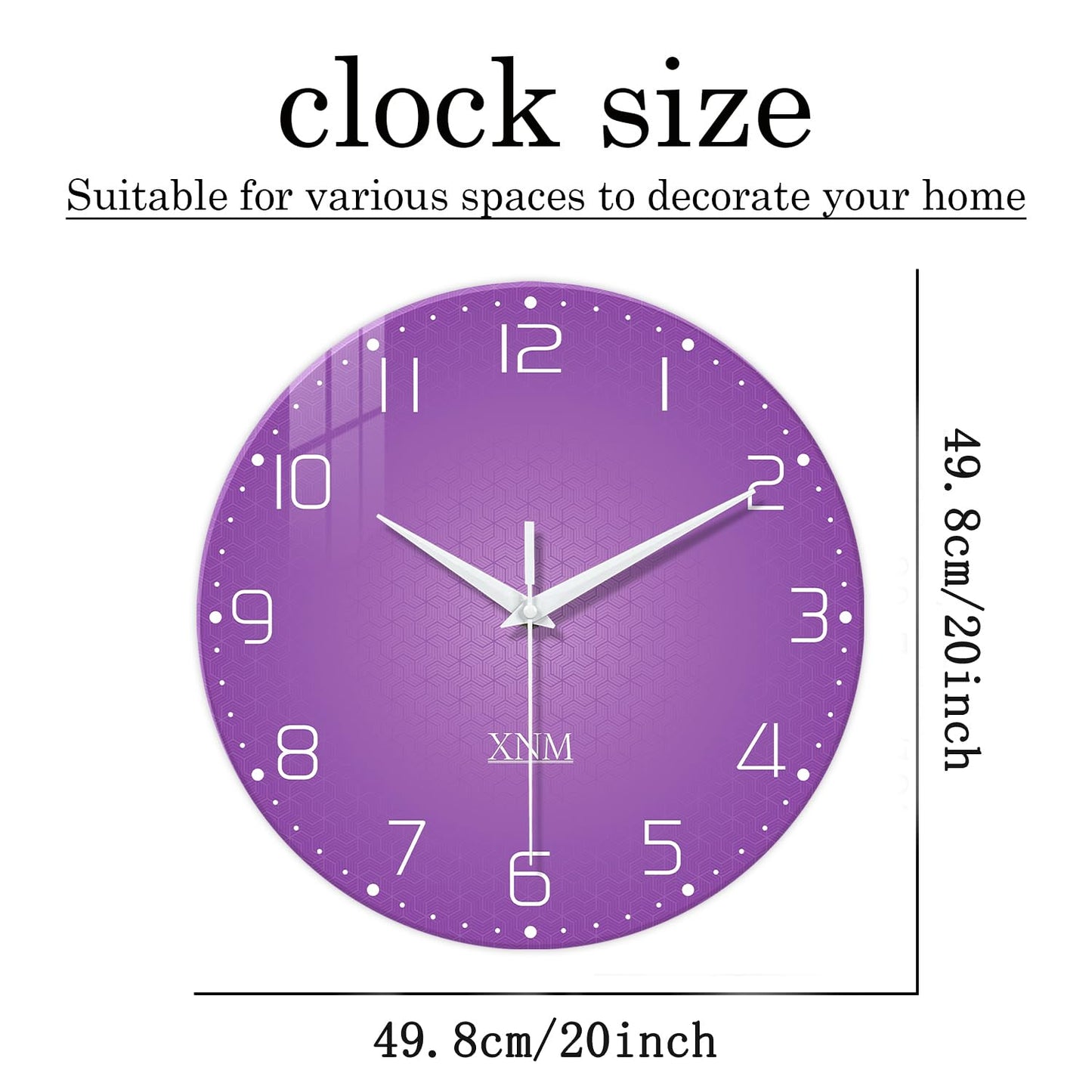 XNM Large Wall Clock for Girls Room 20 Inch Purple Clock Battery Operated Glass Minimalist Quiet Wall Clock Modern