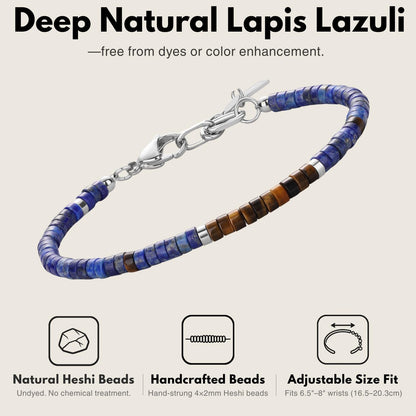 SAMYA Lapis Lazuli Bracelet for Men – Natural 4×2mm Heshi Beaded Bracelet, Stainless Steel Lobster Clasp, Adjustable Fit for 6.5”–8.0” Wrist, Blue Stone Bracelet for Men