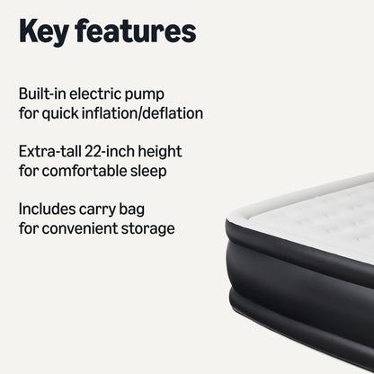Amazon Basics Inflatable Air Mattress, Queen Size, 22in Height, with Built-in Pump, for Guests or Camping