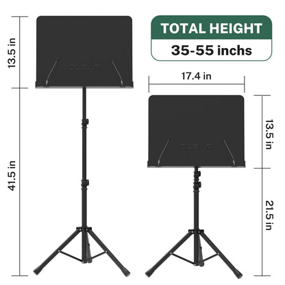 GLEAM Sheet Music Stand - Full Metal with Carrying Bag, Phone Holder, Sheet Music Folder and Clip, 5 in 1 Desktop Book Stand - Black