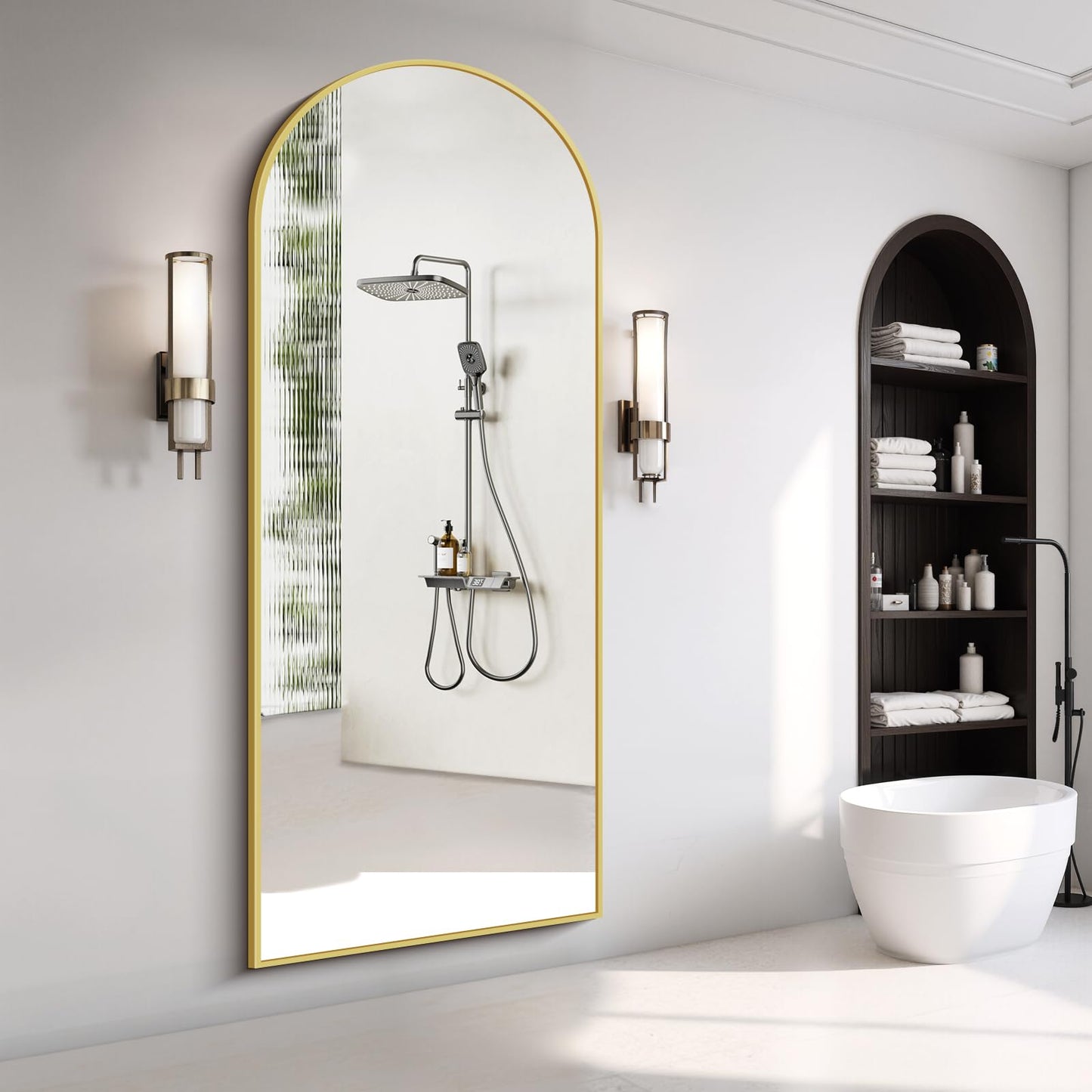InfiniGlass 76"x34" Arched Full Length Mirror, Large Floor Mirror with Aluminum Alloy Frame Standing Hanging or Leaning Wall-Mounted Mirror, Vanity Mirror for Living Room and Bedroom,Gold