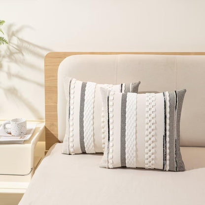 WANLIRD Boho Throw Pillow Covers 18x18 Set of 2 Farmhouse Decorative Cushion Case Striped Square Pillows Cover Chenille Pillow Cases Accent Neutral Pillowcase for Sofa Couch Bed,White