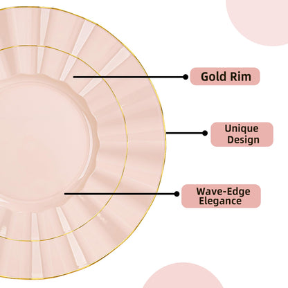 QualQuot 175PCS Gold and Pink Plastic Dinnerware Set, Plastic Party Plates for 25 Guests, 50 Disposable Plates, 25 Heavy Duty Silverware, 25 Cups, 25 Napkins for Mother's Day, Party and Wedding