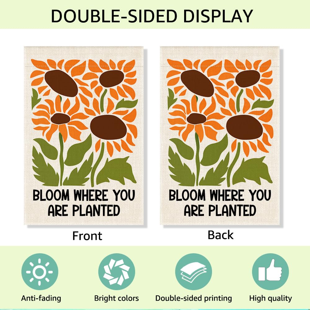 RZHV Bloom Where You are Planted Double-Sided Garden Flag for Outdoor House Yard Sign Garden Decor Parade, Inspirational Sunflower Outdoor Banner Decoration, Spring Summer Welcome Lawn Yard Sign
