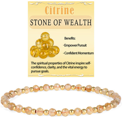 QOGIR Citrine - Stone of Wealth - 14K Gold Plated Beads Natural Gemstone Stretch Elastic Dainty Healing Beaded Bracelets Gifts 4mm